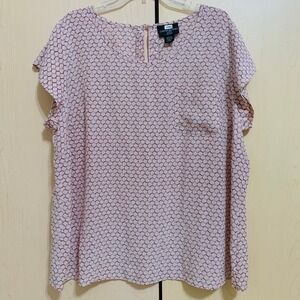 Cynthia Rowley Womens Plus 1X Silk Blouse Cap Sleeve Keyhole Back Geometric Pink